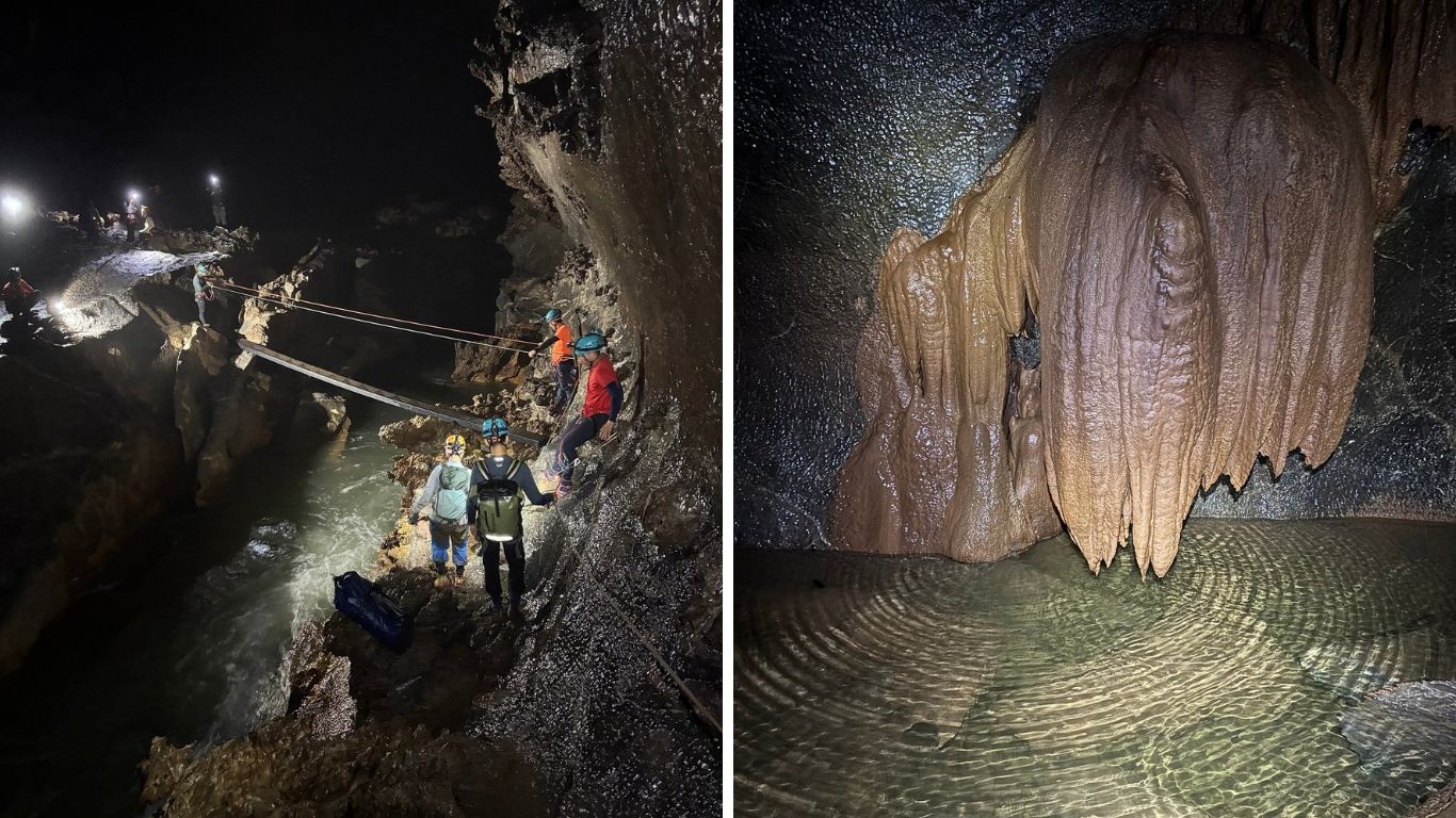 Son Doong Cave cave pearls and stalactites - ancient formations and underground river crossing Vietnam