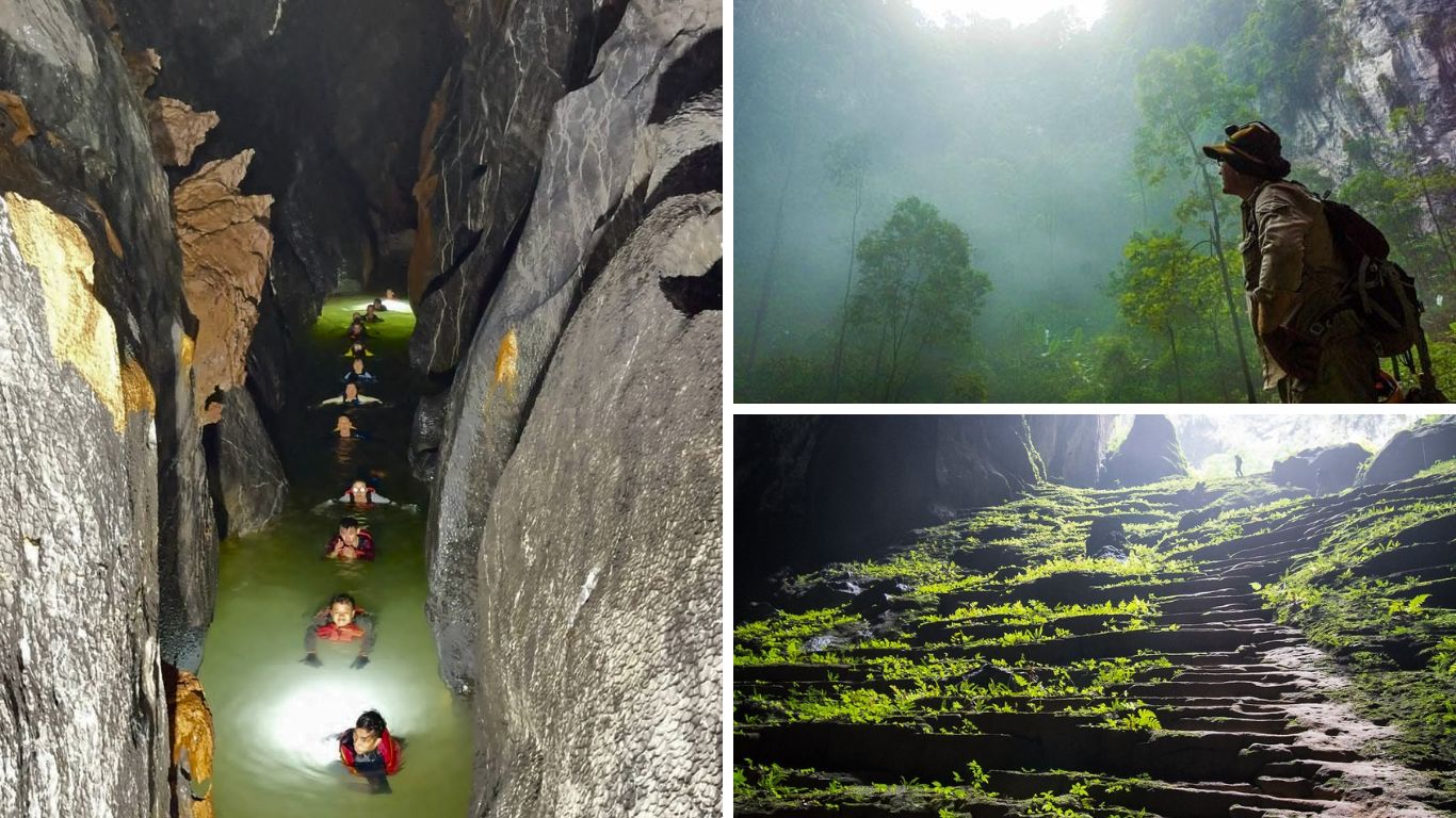 Son Doong Cave wildlife and nature - swimming through underground river, misty jungle explorer and moss covered cave steps Vietnam
