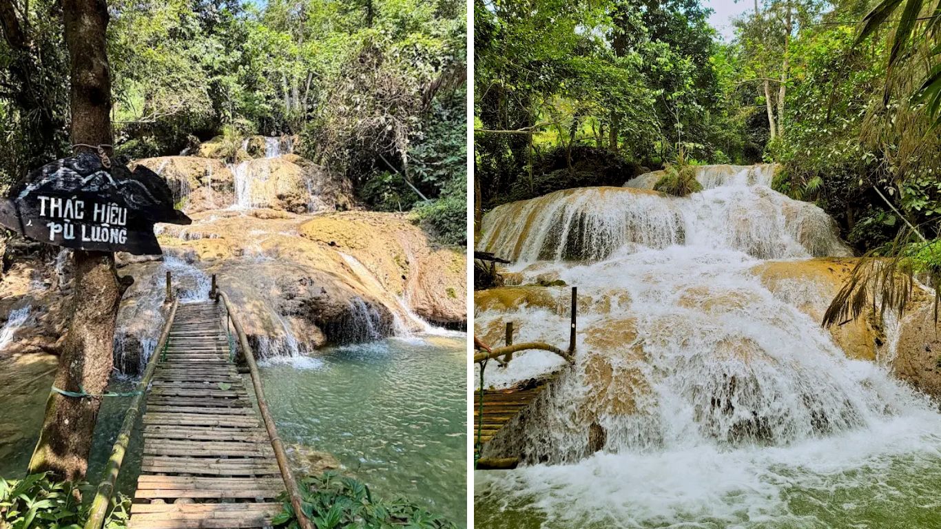 Hieu Waterfall in Pu Luong Nature Reserve showing tiered cascades over golden rock formations with a rustic bamboo bridge and wooden signage, surrounded by tropical forest, Thanh Hoa Province, Northern Vietnam.