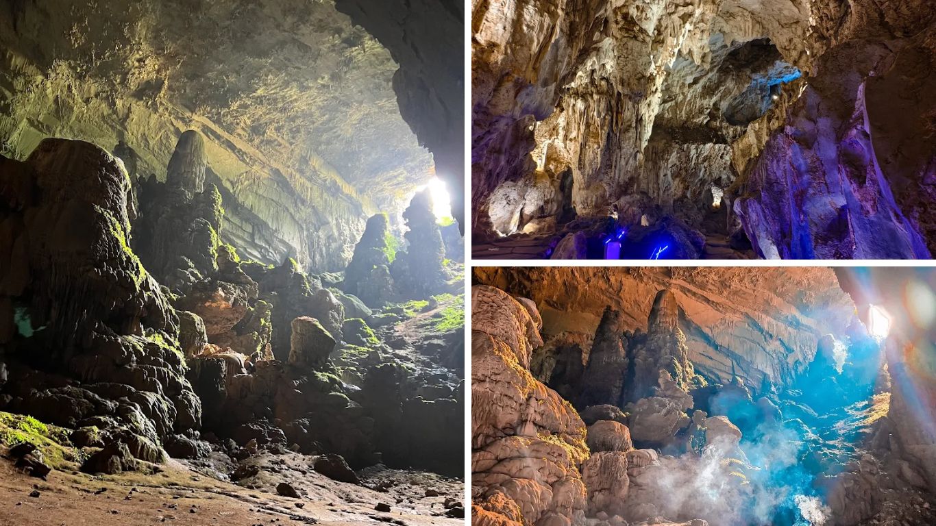 Interior of Kho Muong Bat Cave in Pu Luong showing dramatic stalactite formations, illuminated cave chambers and natural light beams piercing through the cave entrance, Thanh Hoa Province, Northern Vietnam.