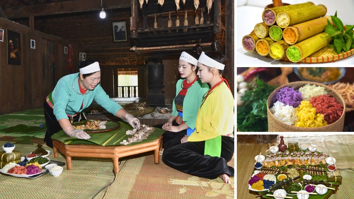 Thai minority women in traditional costume preparing a ceremonial meal inside a wooden stilt house in Pu Luong, with colourful Com Lam bamboo rice tubes, multicoloured sticky rice and a full traditional food spread displayed on banana leaves, Thanh Hoa Province, Northern Vietnam.