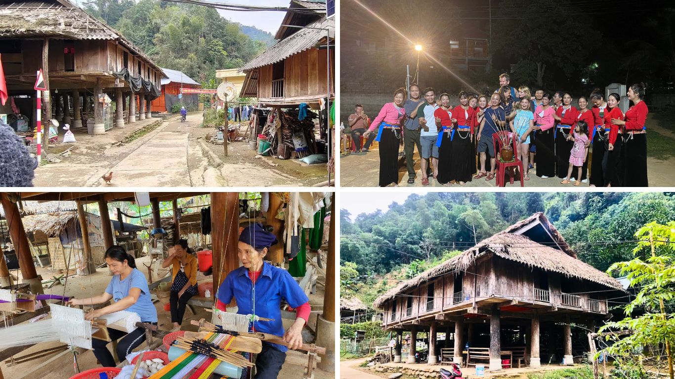 Collage of ethnic minority village life in Pu Luong showing traditional Thai stilt houses, local women weaving brocade on handlooms, tourists joining a community cultural evening with villagers in traditional costume, Thanh Hoa Province, Northern Vietnam.