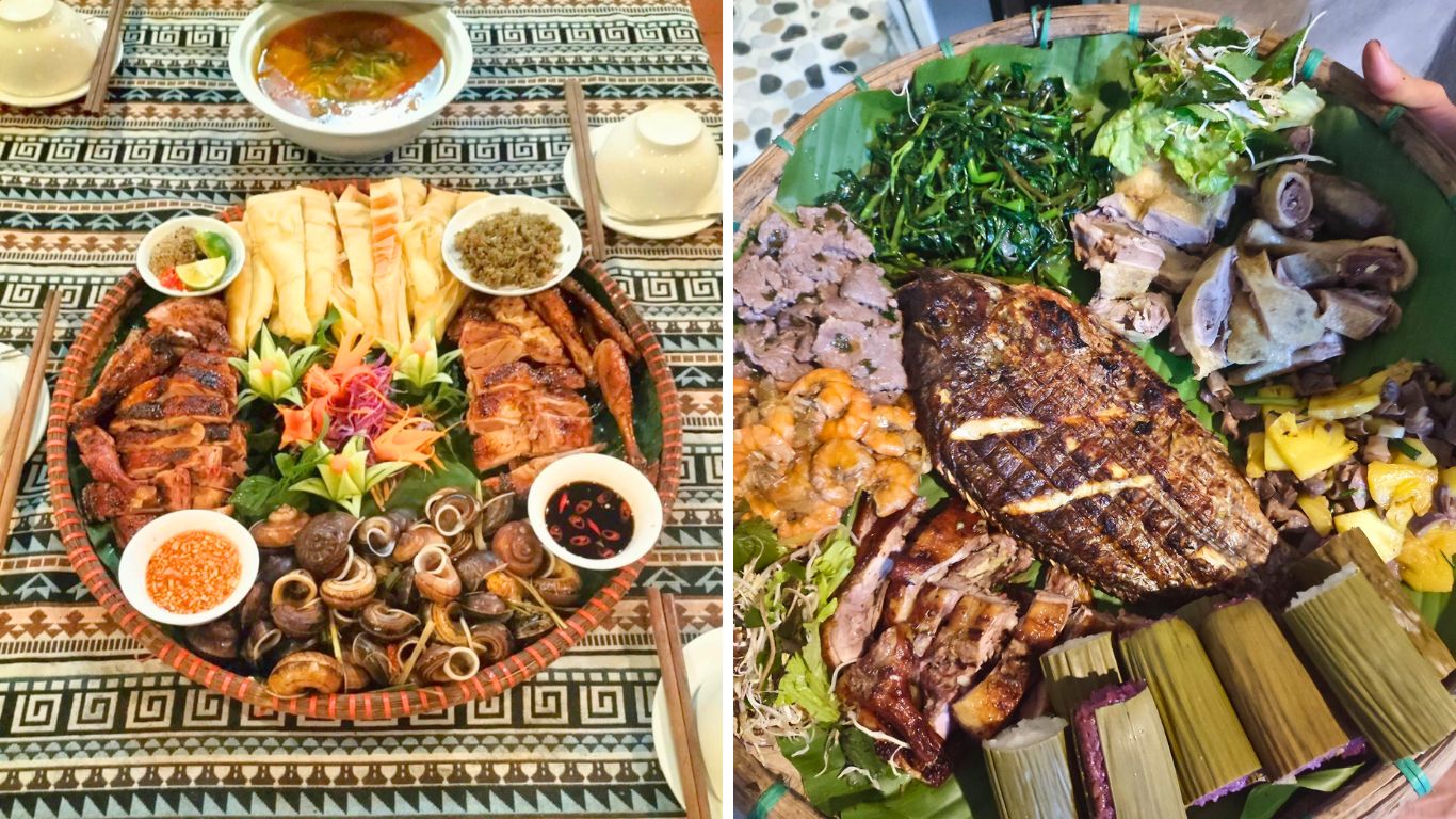 Traditional Thai minority feast in Pu Luong featuring grilled river fish, smoked meats, Com Lam bamboo rice, mountain vegetables, forest snails and dipping sauces served on a communal woven platter, Thanh Hoa Province, Northern Vietnam.