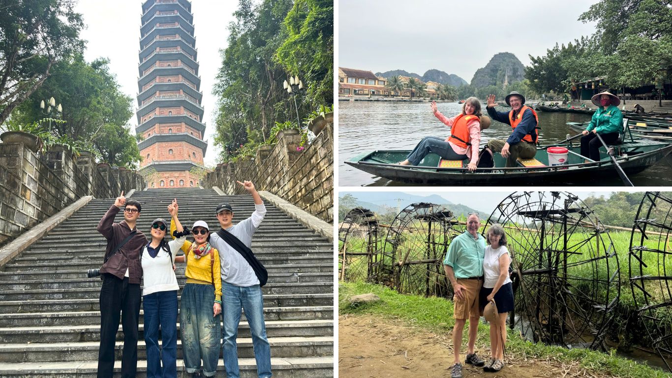 Travelers exploring Ninh Binh and Pu Luong in one trip, including pagoda towers, river boat rides, and rural countryside scenery in northern Vietnam.