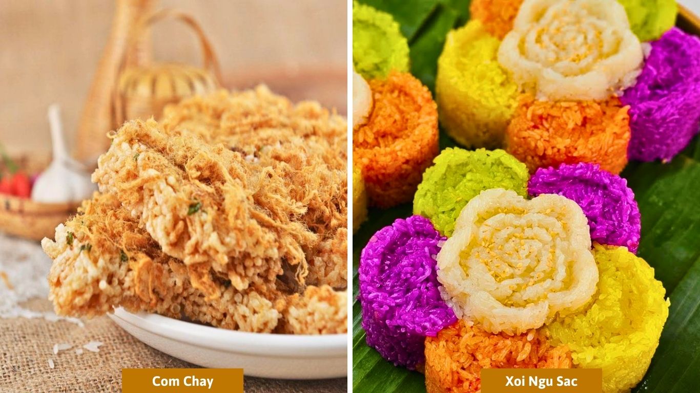 Com chay from Ninh Binh and xoi ngu sac sticky rice from Pu Luong, traditional northern Vietnam specialties.