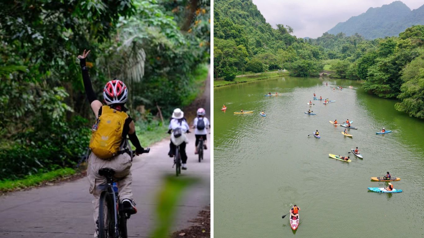 Cyclists riding through the jungle road and kayakers paddling on Mac Lake surrounded by limestone forest in Cuc Phuong National Park, Ninh Binh, Vietnam