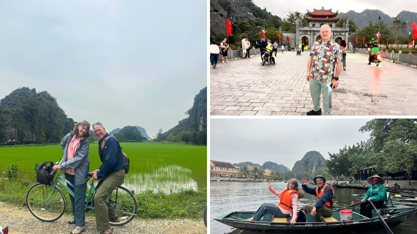  Couple cycling through Tam Coc rice fields, traveller at Hoa Lu ancient capital gate, and tourists on a traditional sampan boat on the Ngo Dong River in Ninh Binh, Vietnam