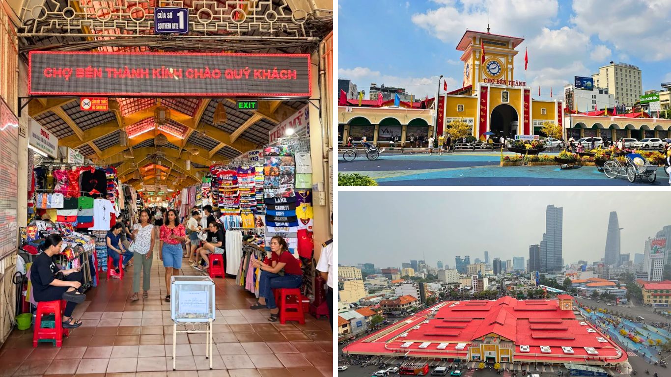 Inside and outside views of Ben Thanh Market in Ho Chi Minh City, showing clothing vendors along indoor market lanes, the yellow clock tower facade at the main entrance, and an aerial view of the market's distinctive red roof surrounded by the District 1 skyline.