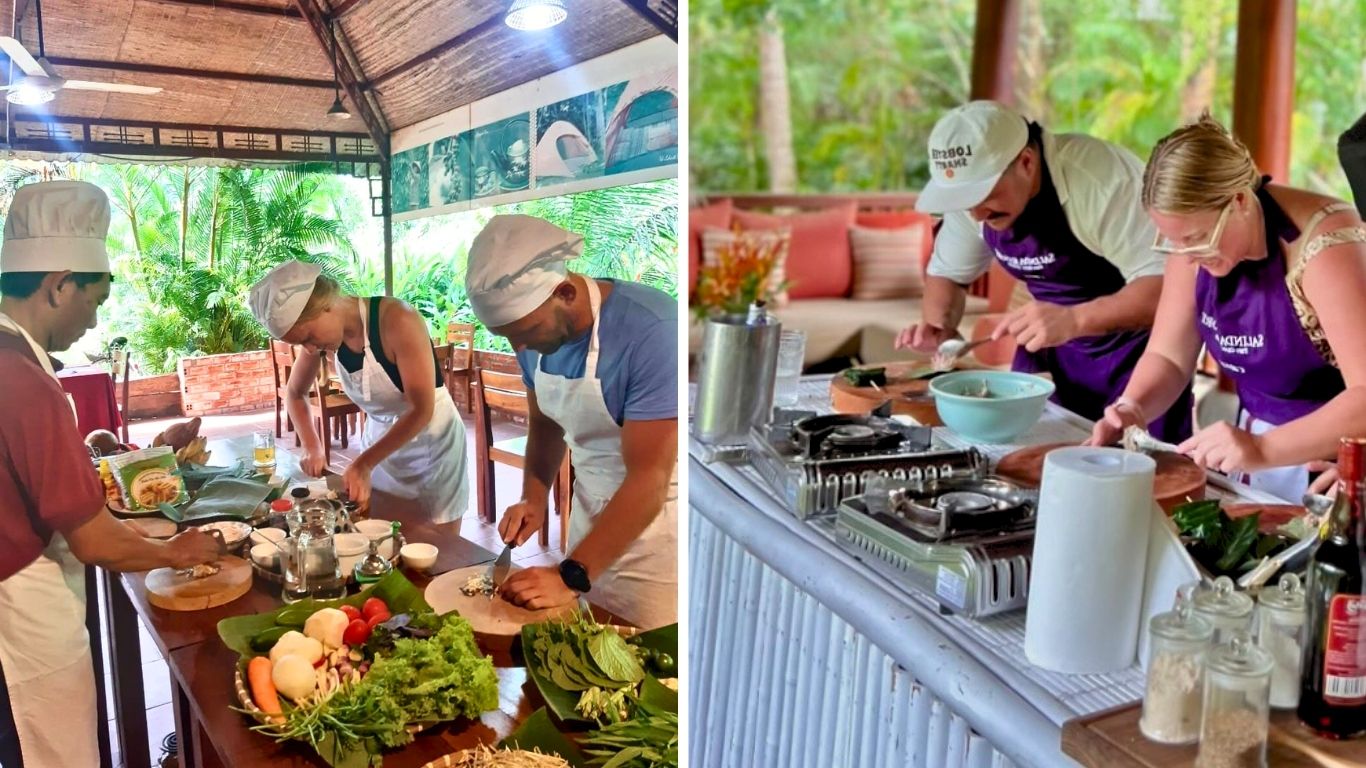 Travelers joining a Vietnamese cooking class in Phu Quoc with fresh local ingredients and a local chef