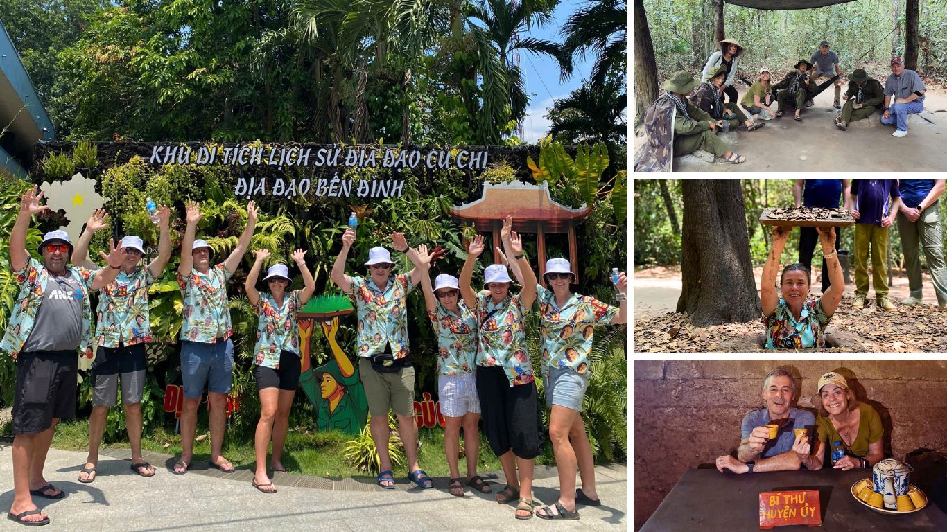 A collage of travelers at Cu Chi Tunnels including a group posing at the Ben Dinh site entrance sign, visitors resting in the jungle shade, a woman emerging from a tunnel entrance hidden among tree roots, and two travelers sharing tea inside an underground bunker room.