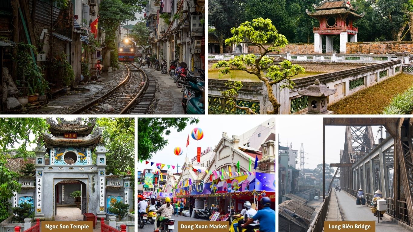 Ngoc Son Temple, Dong Xuan Market, Long Biên Bridge, Train track, Temple of literature