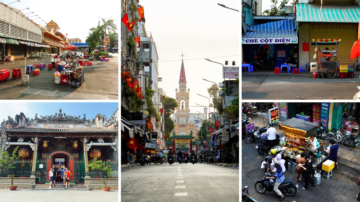 Hidden gems in Ho Chi Minh City including Cholon market streets, a Chinese pagoda in District 5, a local church in Saigon's backstreets, street food stalls in District 4, and a pavement kitchen locals eat at daily.