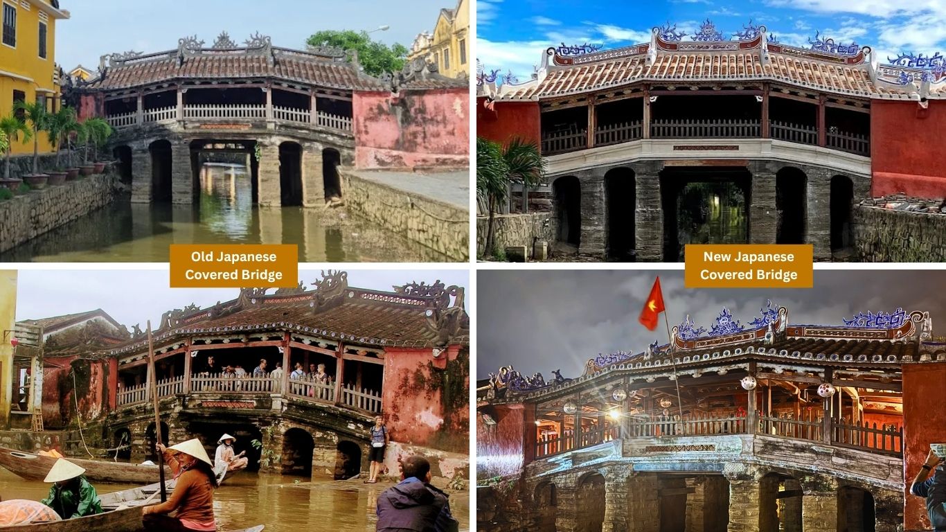 Side-by-side comparison of the Japanese Covered Bridge in Hoi An before and after its 2024 restoration, showing the new roof tiles and structural reinforcements.