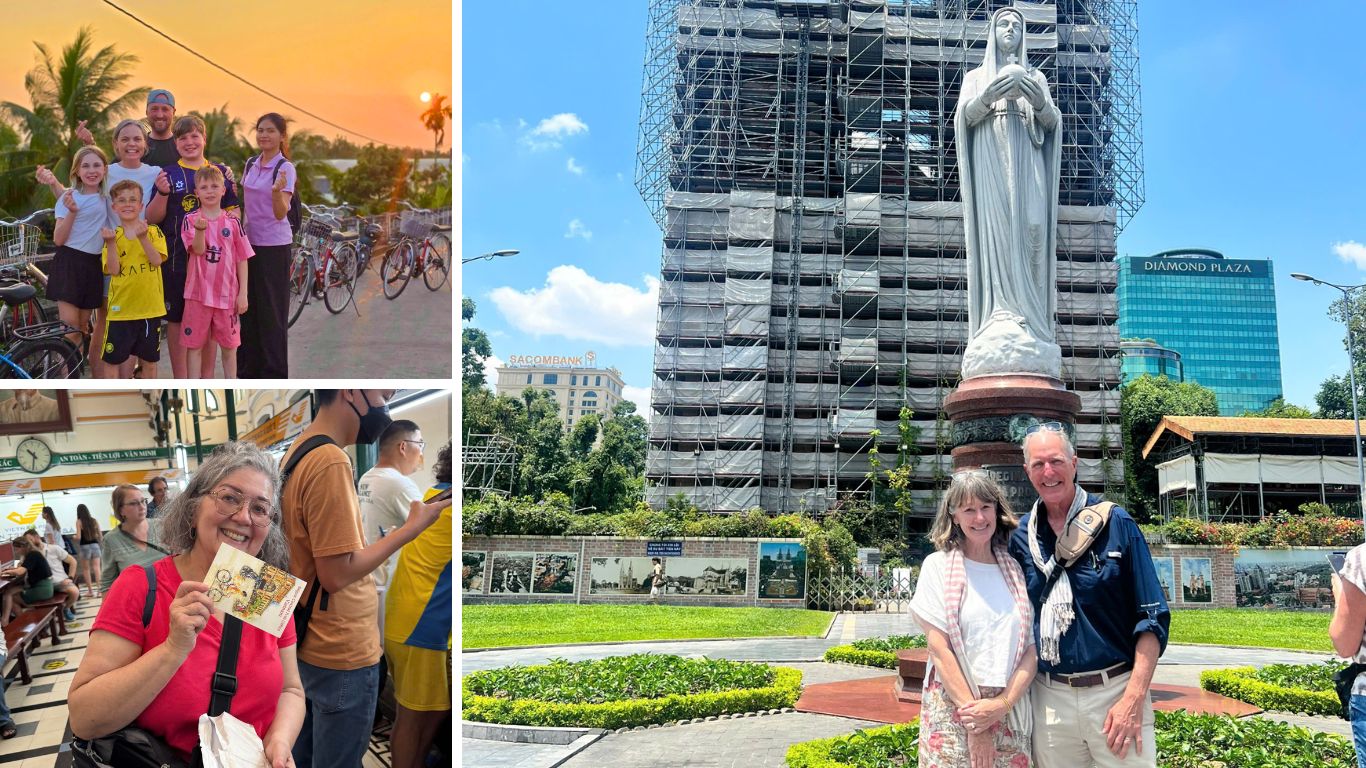 Three travel moments in Ho Chi Minh City showing a family with children posing with bicycles at sunset, a solo female traveler smiling inside the Central Post Office, and a couple standing in front of the Virgin Mary statue at Notre Dame Cathedral under renovation scaffolding.
