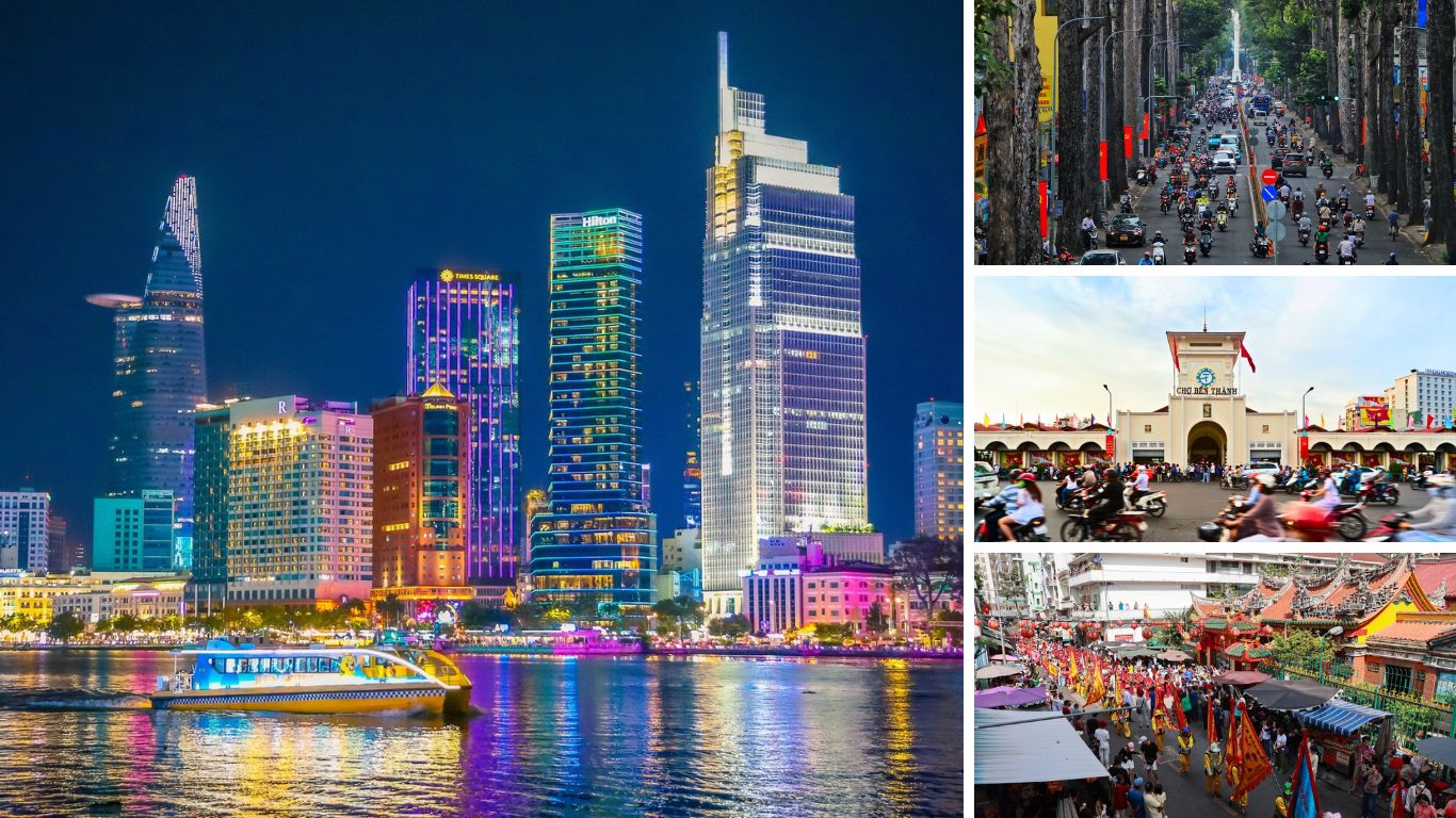 A collage showing Saigon's city highlights including the lit up riverside skyline at night, motorbike traffic on a tree lined street, Ben Thanh Market facade, and a colorful festival crowd in Cholon.