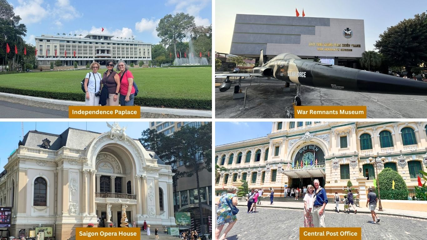A collage of four Saigon landmarks including travelers posing at the Independence Palace grounds, a US Air Force jet displayed outside the War Remnants Museum, the ornate facade of the Saigon Opera House, and visitors in front of the Central Post Office