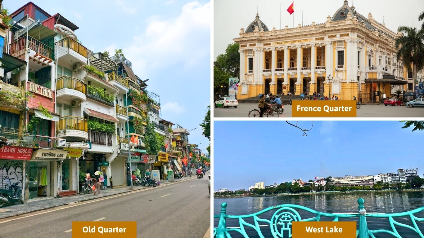Where to stay in Hanoi: Old Quarter streets, French Quarter colonial architecture, and West Lake waterfront area