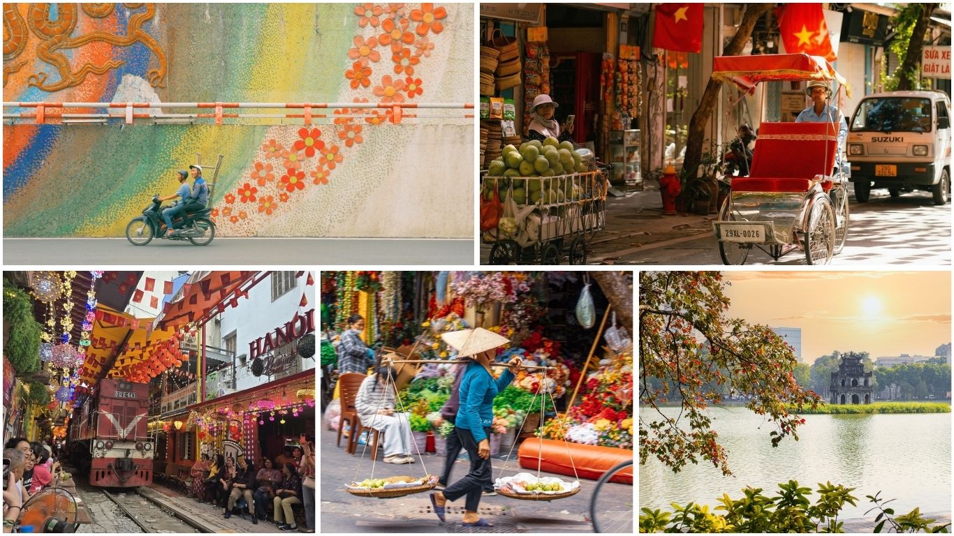 Hanoi street life collage featuring a mural, cyclo vendor, Train Street, flower seller and Hoan Kiem Lake at sunset.
