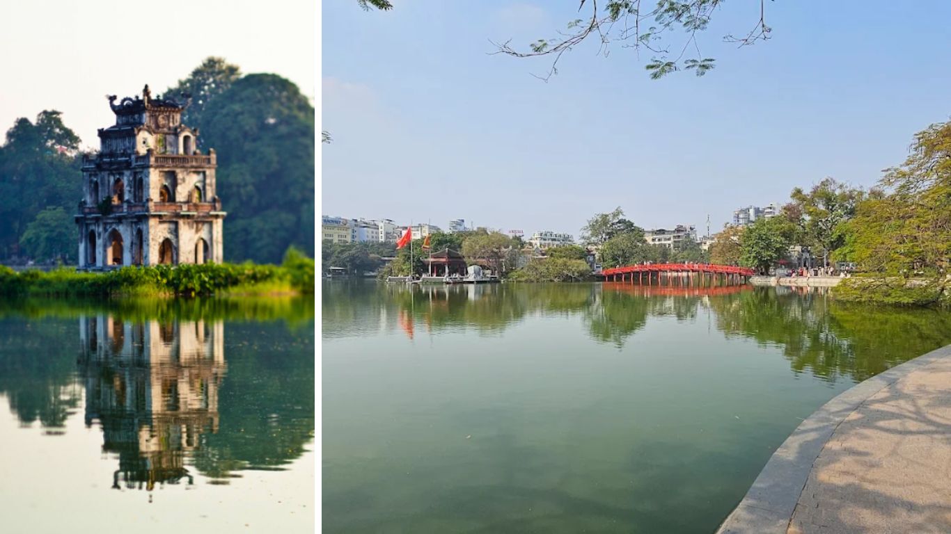 Hoan Kiem Lake in Hanoi at sunrise with Turtle Tower and The Huc Bridge leading to Ngoc Son Temple