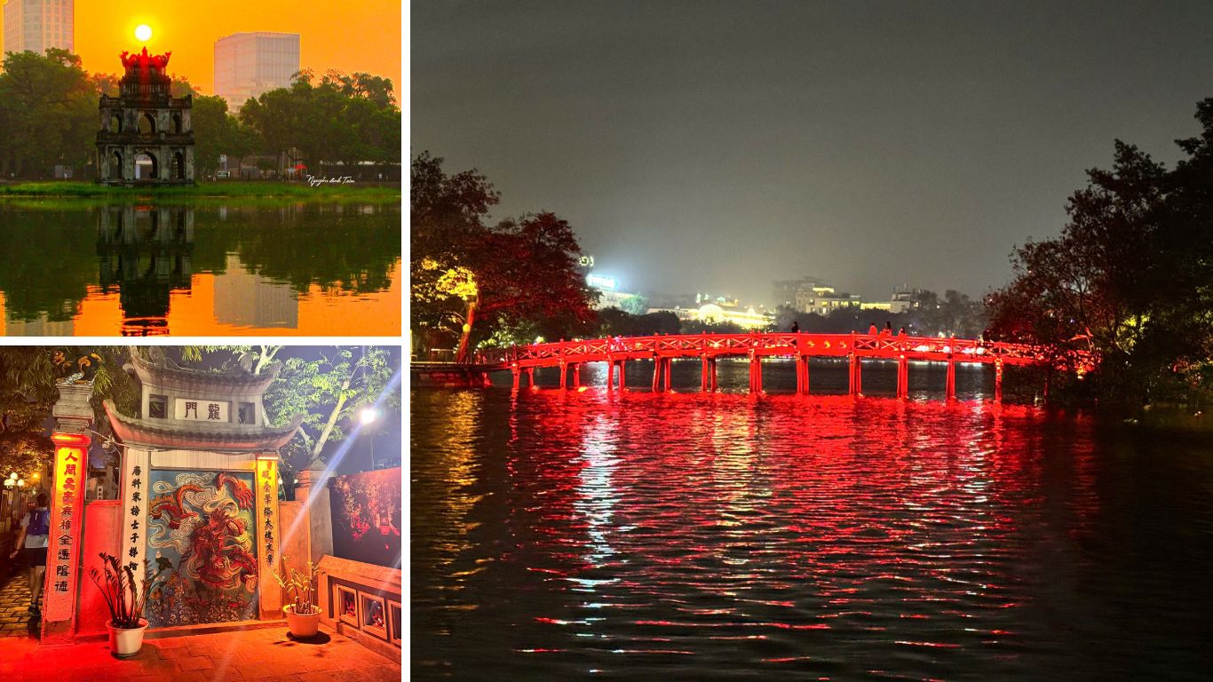 Hoan Kiem Lake collage showing Turtle Tower at sunrise, Ngoc Son Temple gate at night, and the illuminated red Huc Bridge reflected on the water.