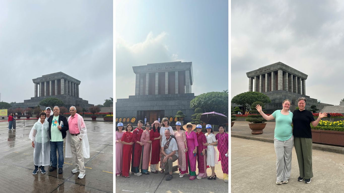 Tourists posing in front of the Ho Chi Minh Mausoleum in Hanoi on various visits, rain or shine.