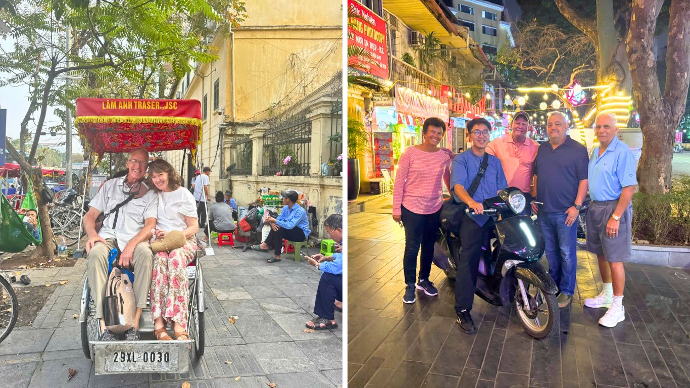 Tourists enjoying a cyclo ride and a motorbike tour through Hanoi's Old Quarter streets.