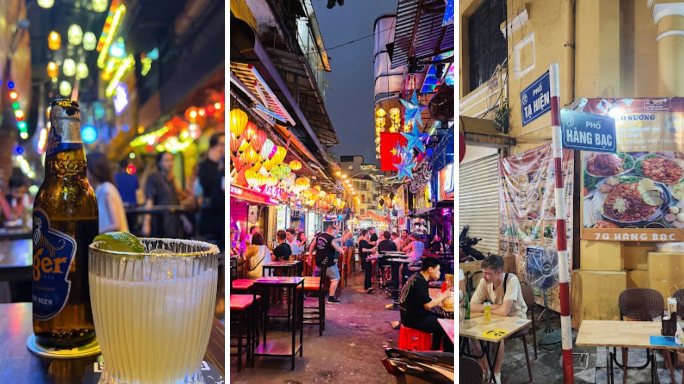 Ta Hien Beer Street at night in Hanoi Old Quarter with colorful lanterns, outdoor seating and local nightlife atmosphere