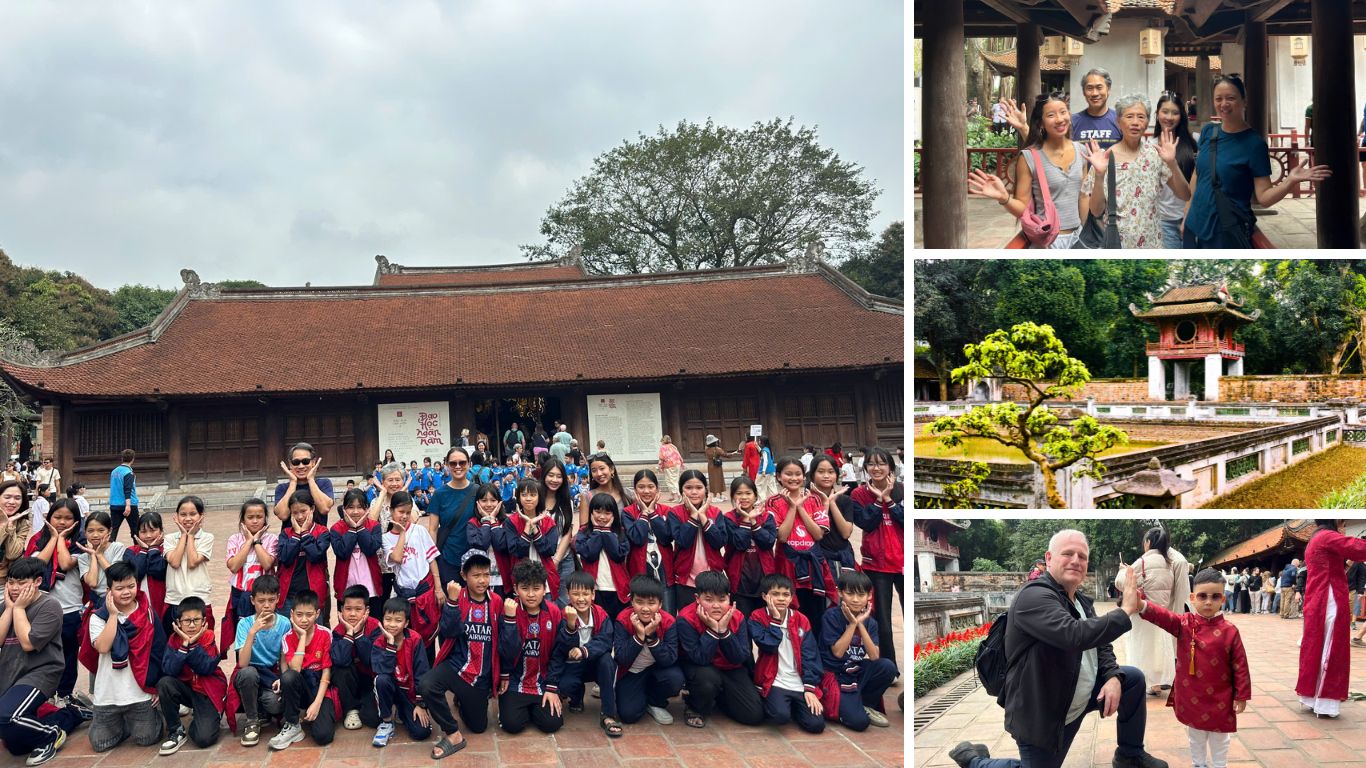 Visitors and Vietnamese schoolchildren exploring the Temple of Literature in Hanoi, with views of its historic pavilions and gardens.