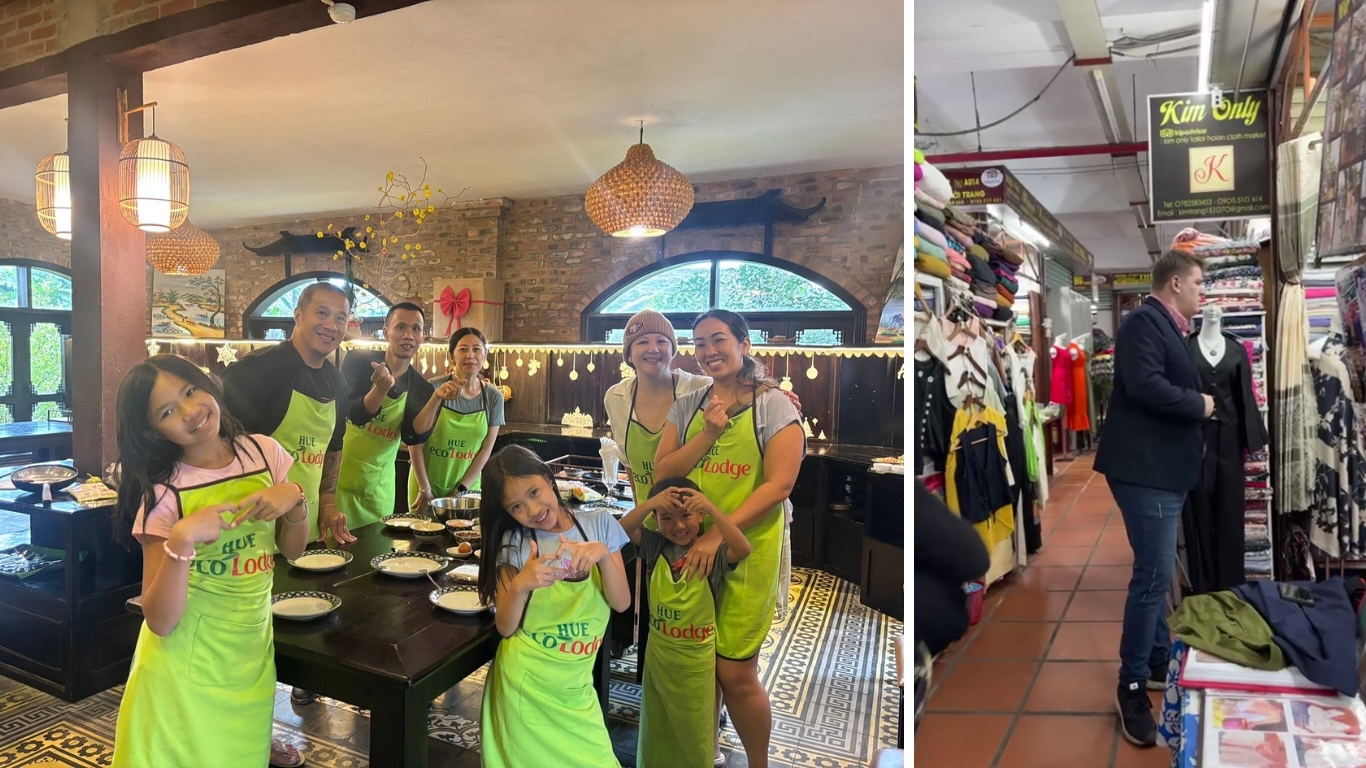 Family cooking class at Hue Eco Lodge and Kim Only tailor shop at Hoi An Market