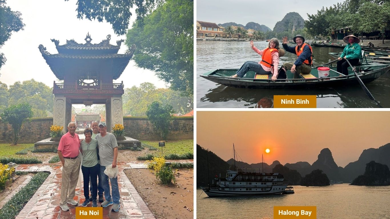 Visitors standing at a traditional temple gate in Hanoi surrounded by trees and historic architecture
