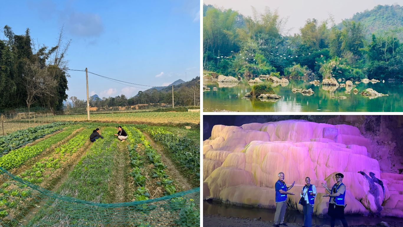 Farmers working in green fields, a calm river with limestone rocks, and a colorful cave formation in Cao Bang, northern Vietnam.