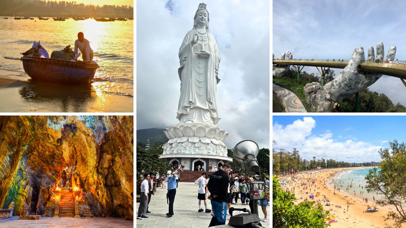 Collage of Da Nang activities featuring a fisherman on a basket boat at sunrise, the Lady Buddha statue at Linh Ung Pagoda, the Golden Bridge held by giant stone hands at Ba Na Hills, a glowing cave shrine inside Marble Mountains, and a packed sandy beach on a sunny day in Da Nang, Vietnam