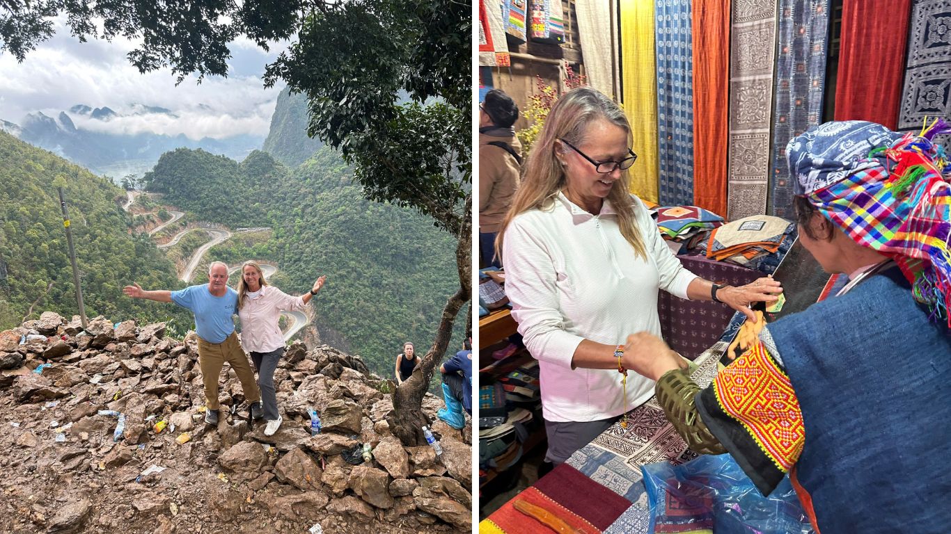 Travelers enjoying a mountain viewpoint in Ha Giang with winding roads below, and a visitor interacting with a local artisan in a traditional textile shop.
