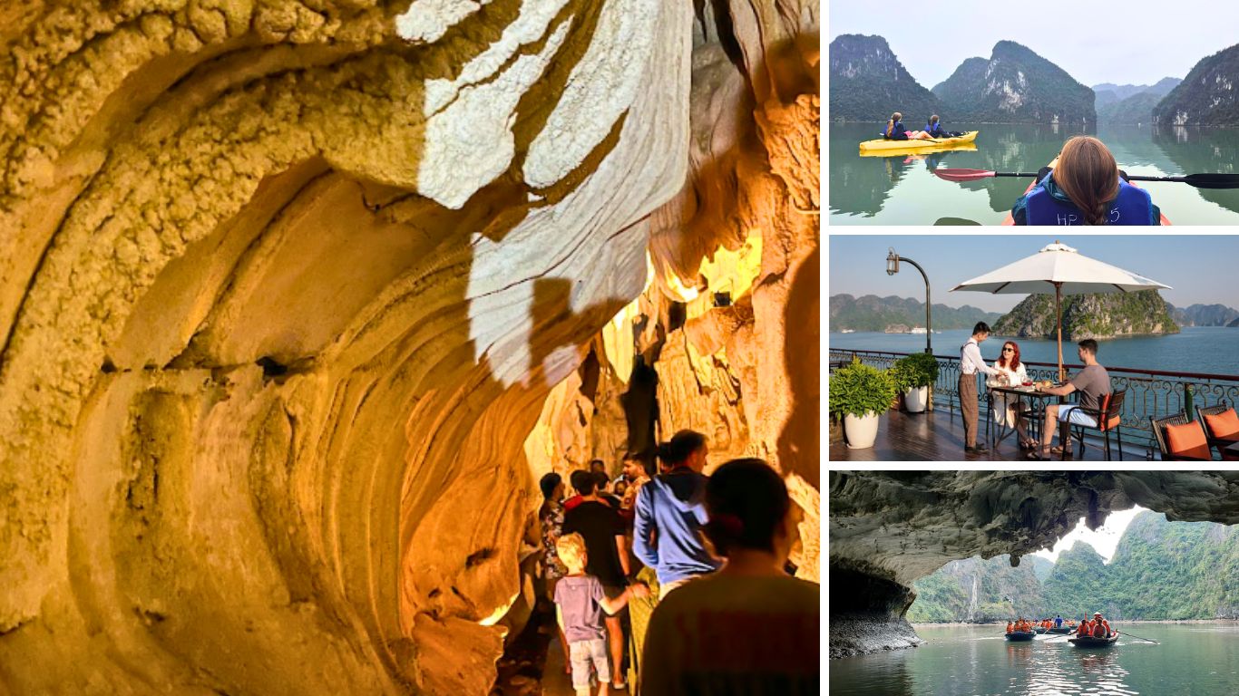 Halong Bay cruise highlights including cave exploration, kayaking among limestone karsts, deck dining, and a boat passing through a sea grotto.