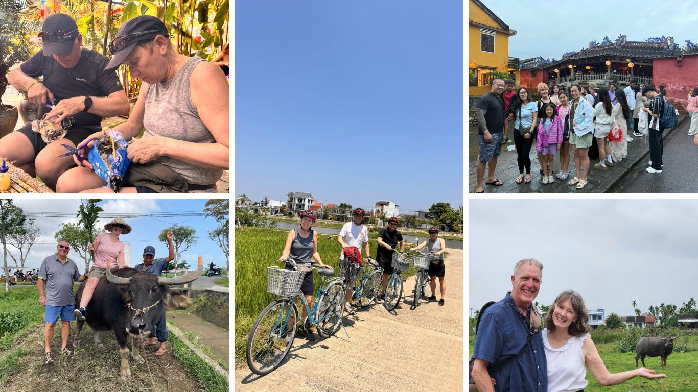 Collage of Hoi An activities featuring tourists trying a traditional craft workshop, a group cycling through green rice paddies, visitors posing with a water buffalo on a countryside farm tour, a family group photo in front of the Japanese Covered Bridge, and a couple smiling with a water buffalo grazing nearby in Hoi An, Vietnam
