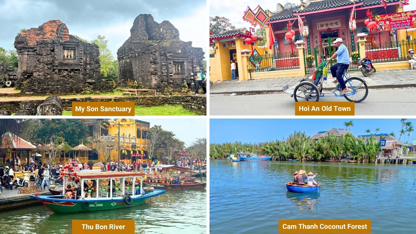 Collage of Hoi An highlights featuring My Son Sanctuary ruins, a cyclo rider in the Ancient Town, festive boats on Thu Bon River, and a basket boat in Cam Thanh Coconut Forest