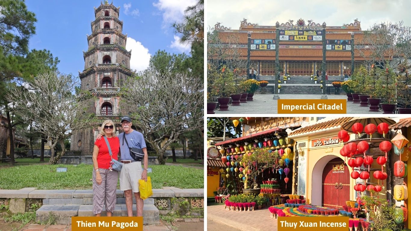 Visitors exploring Hue landmarks including Thien Mu Pagoda, the Imperial City, and Thuy Xuan Incense Village in Vietnam.