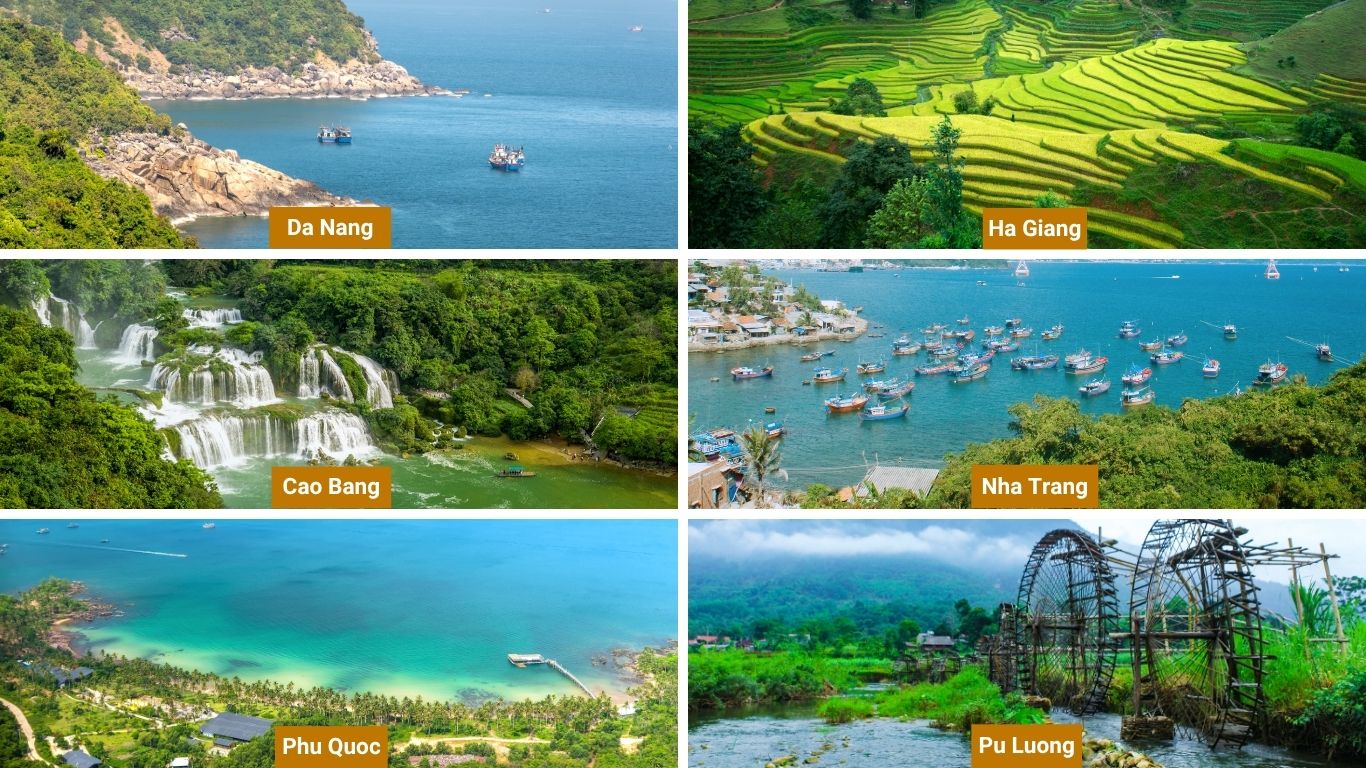 Collage of six Vietnam destinations: Da Nang coastline, Ha Giang rice terraces, Cao Bang waterfalls, Nha Trang fishing bay, Phu Quoc beach, and Pu Luong waterwheels.