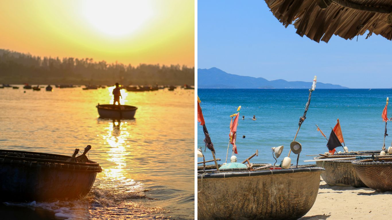 Comparison of My Khe Beach and An Bang Beach in Vietnam showing basket boats at sunrise and a calm sandy beach with clear blue water
