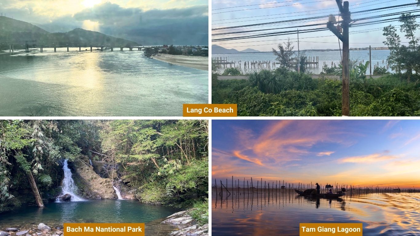 Natural attractions near Hue including Lang Co Beach, Bach Ma National Park, and Tam Giang Lagoon in central Vietnam.