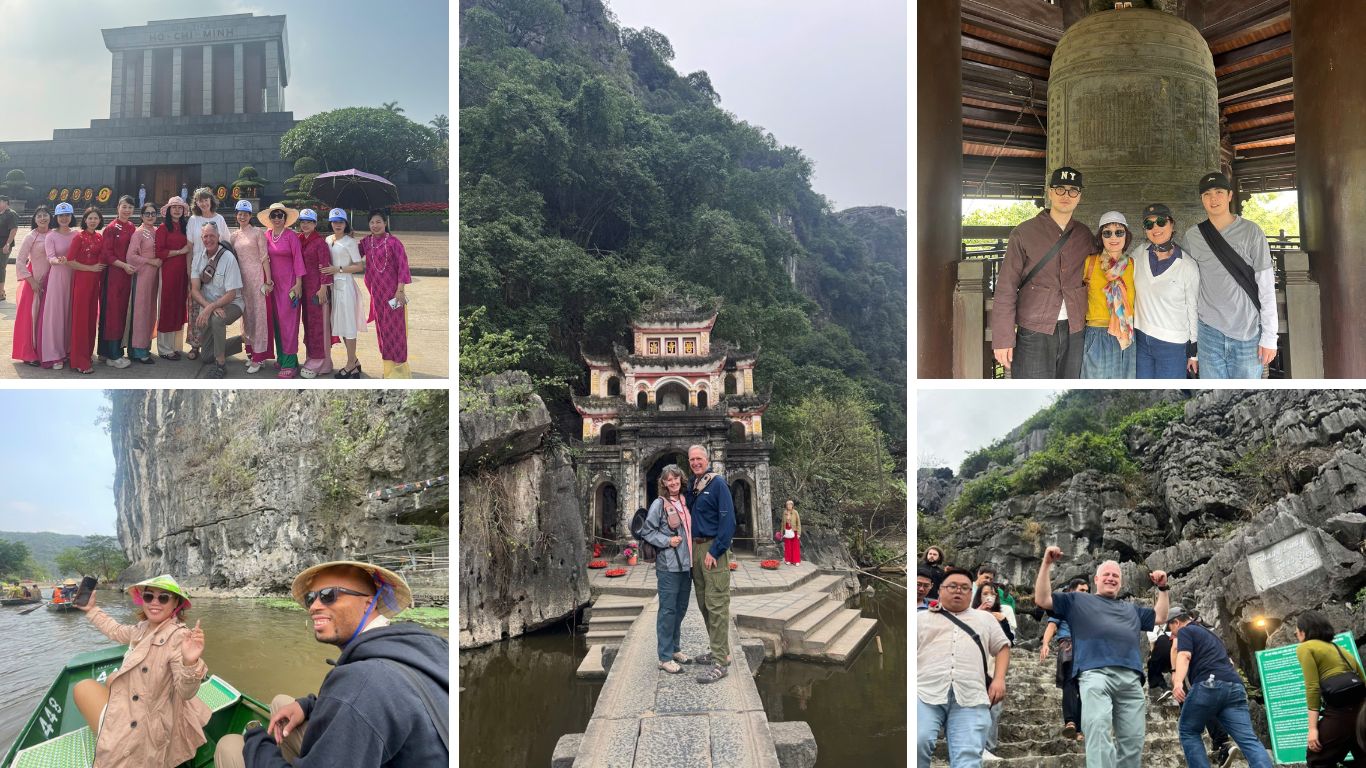 Travelers on a 2-day Ninh Binh private tour visiting Ho Chi Minh Mausoleum, a sampan boat ride along the karst river, Bich Dong Pagoda gate, the great bell at Bai Dinh Pagoda, and exploring limestone cave steps.