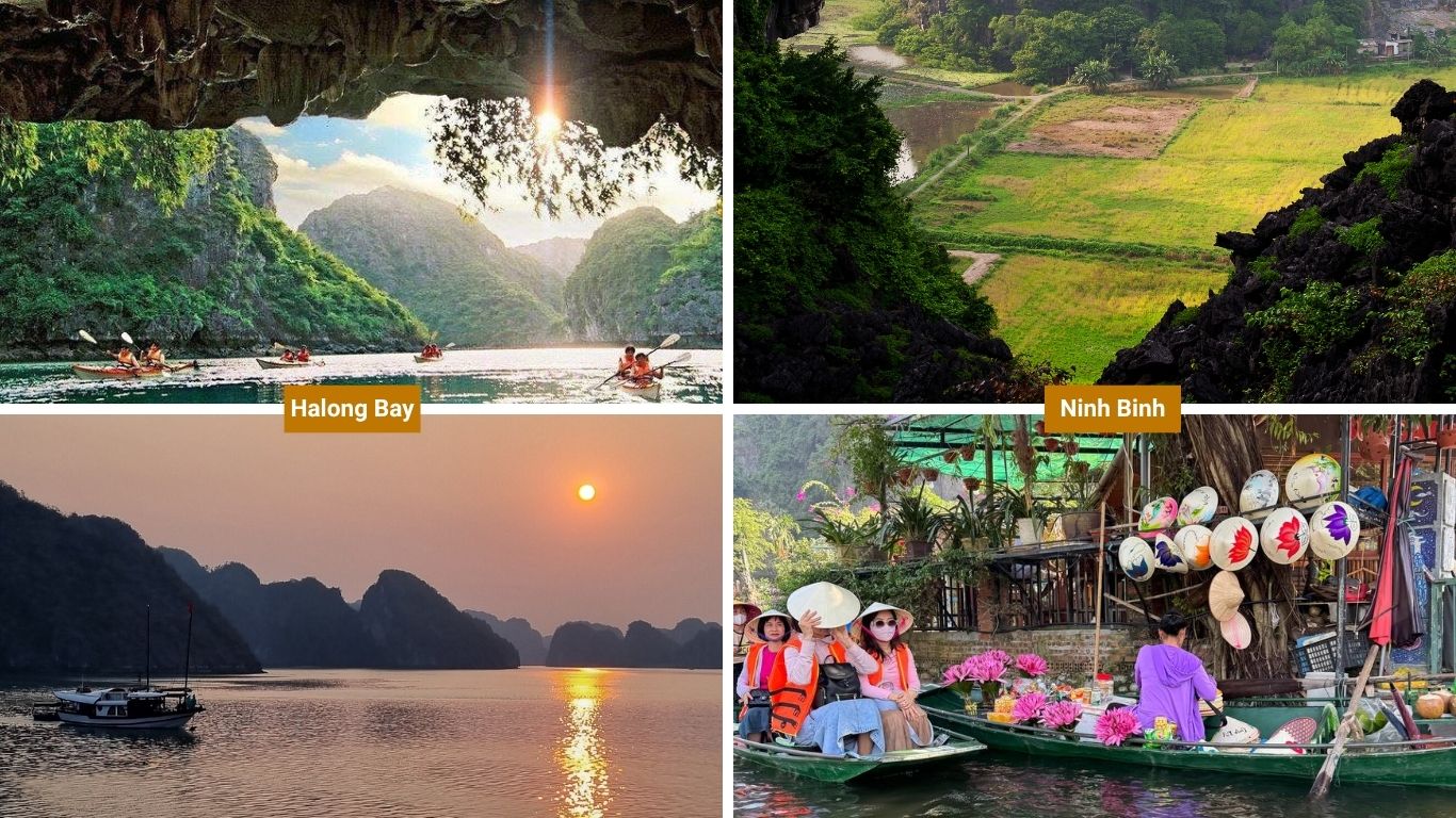 Halong Bay kayaking and sunset cruise compared with Ninh Binh rice field views and a local riverside market.