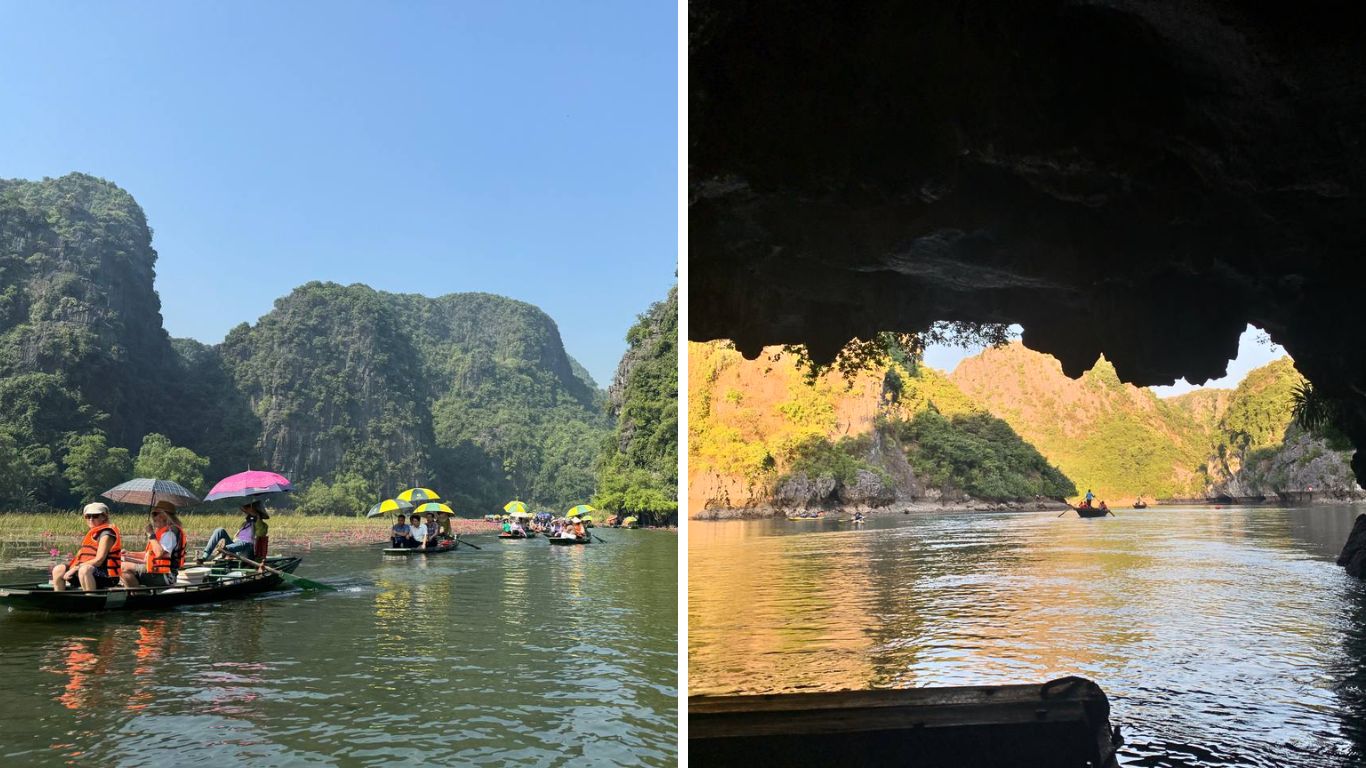 Side by side comparison of a Ninh Binh sampan boat ride through open karst waterways and a boat emerging from a limestone sea cave in Halong Bay.