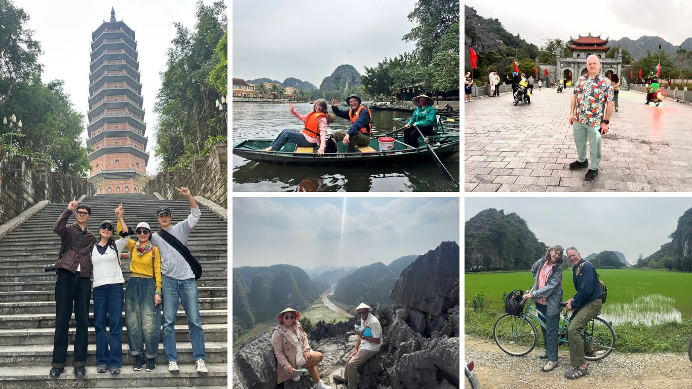 Travelers exploring Ninh Binh on a private tour, including visits to Bai Dinh Pagoda, a sampan boat ride, Hoa Lu Ancient Capital, the Mua Cave viewpoint, and a bicycle ride through green rice paddies.