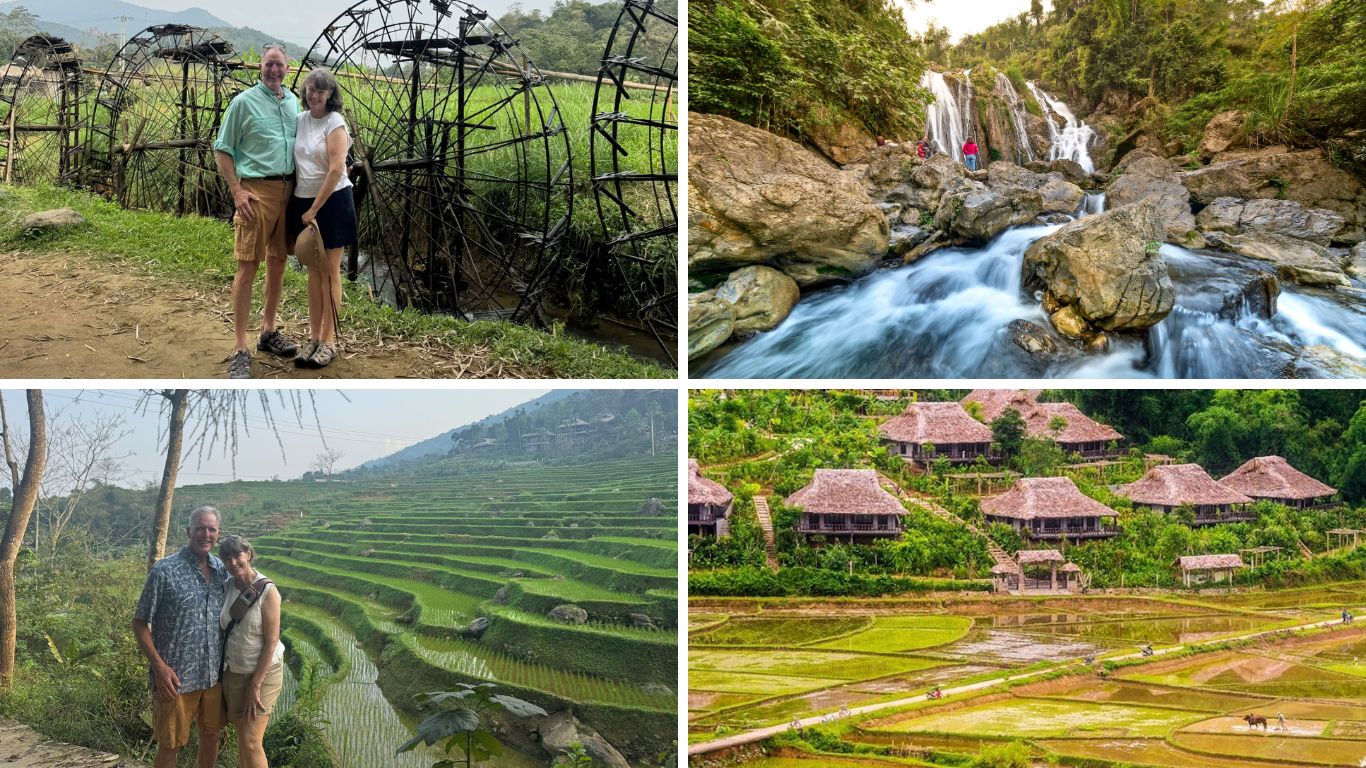 Travelers exploring Pu Luong and Mai Chau with waterwheels, waterfalls, terraced rice fields, and traditional stilt houses in northern Vietnam.