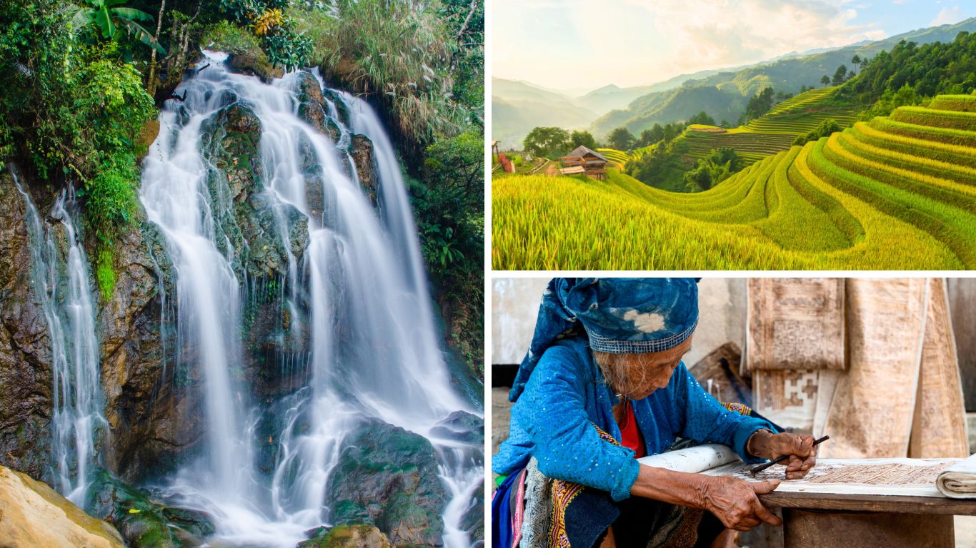 Flowing waterfall in dense greenery and golden terraced rice fields in Sapa mountains, northern Vietnam.