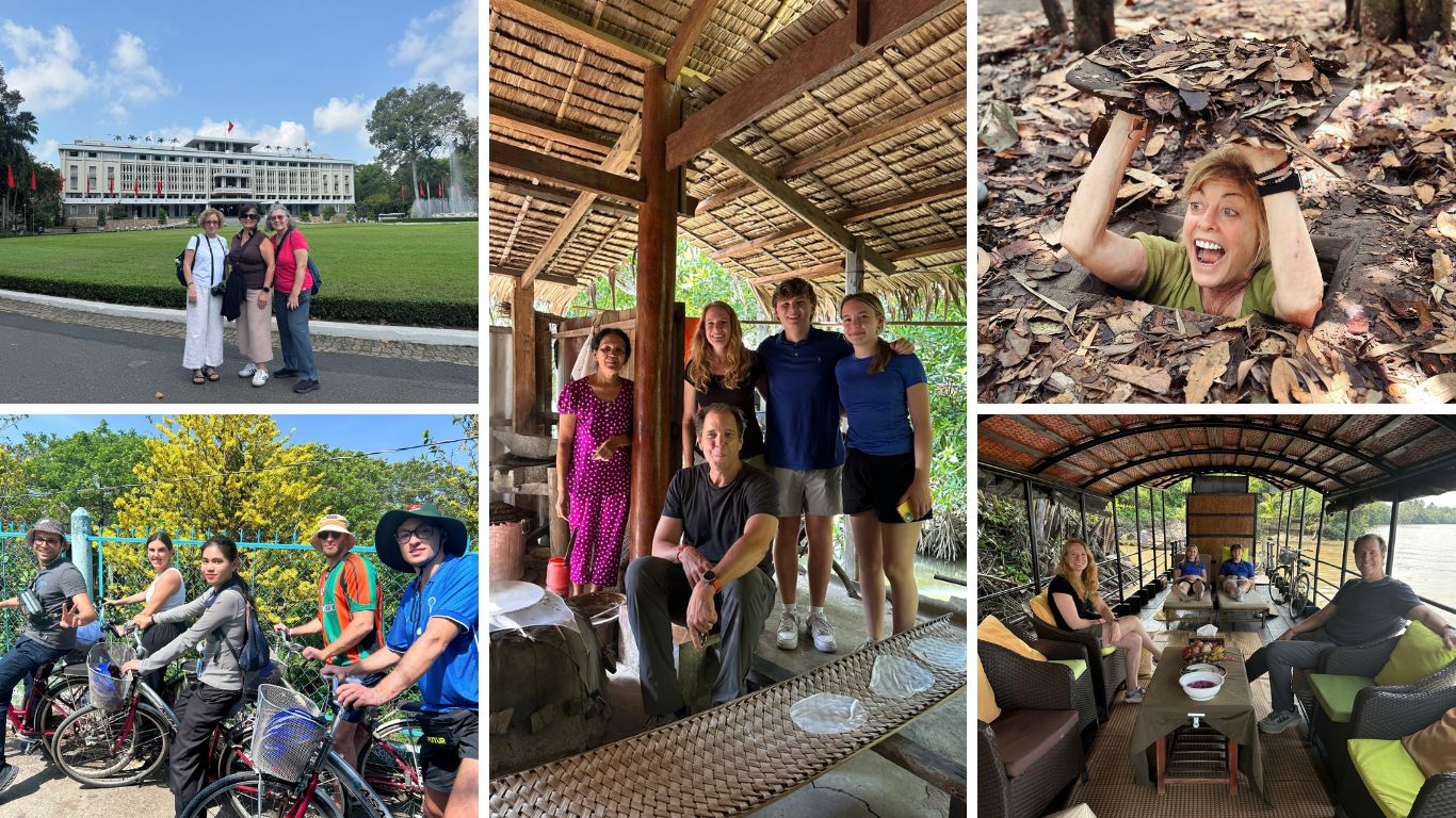 A collage of southern Vietnam travel moments including tourists posing in front of Independence Palace, a family meeting a local at a Mekong Delta workshop, a traveller emerging from a Cu Chi tunnel entrance, a group cycling through the countryside, and travellers relaxing on a traditional wooden river boat along the Mekong.