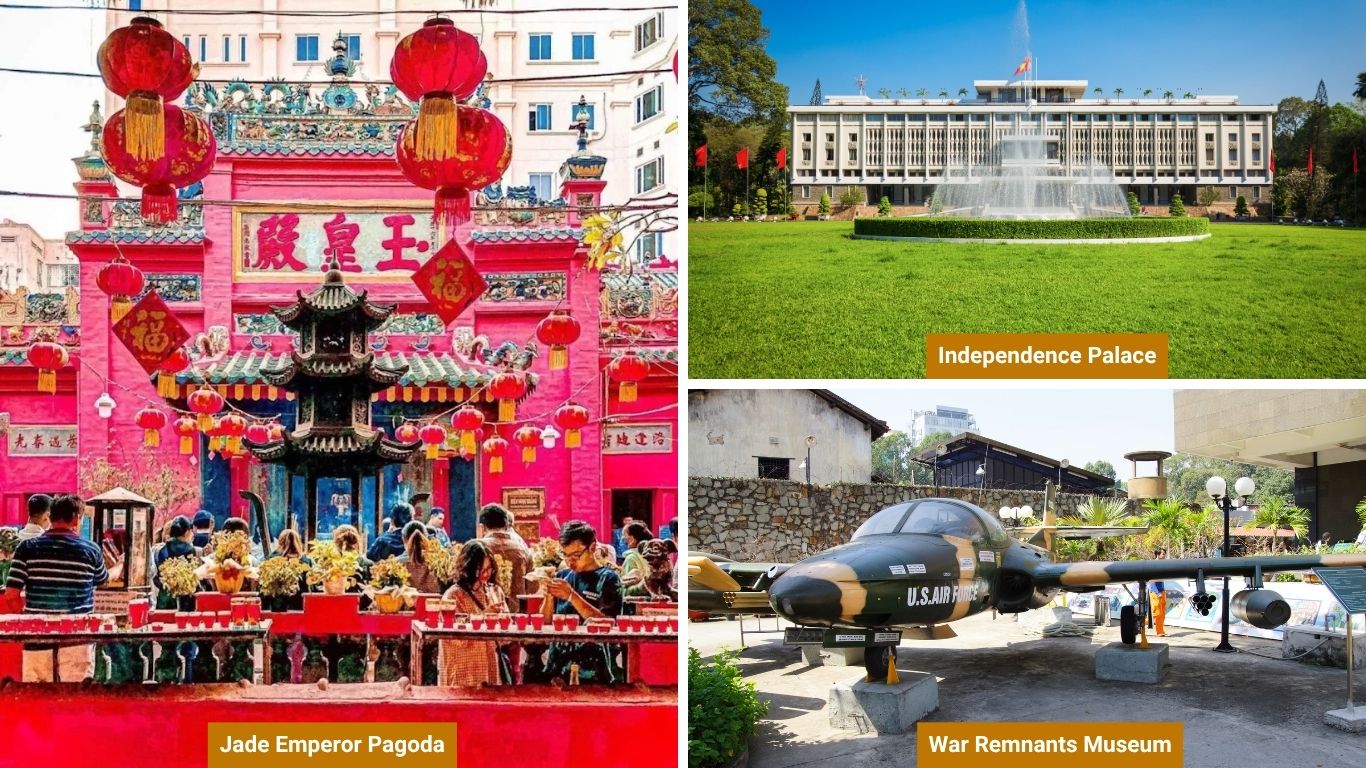 A collage of things to do in Ho Chi Minh City in May, featuring the vibrant red Jade Emperor Pagoda with lanterns and worshippers, the grand facade of Independence Palace surrounded by green lawns, and a US Air Force aircraft on display at the War Remnants Museum.