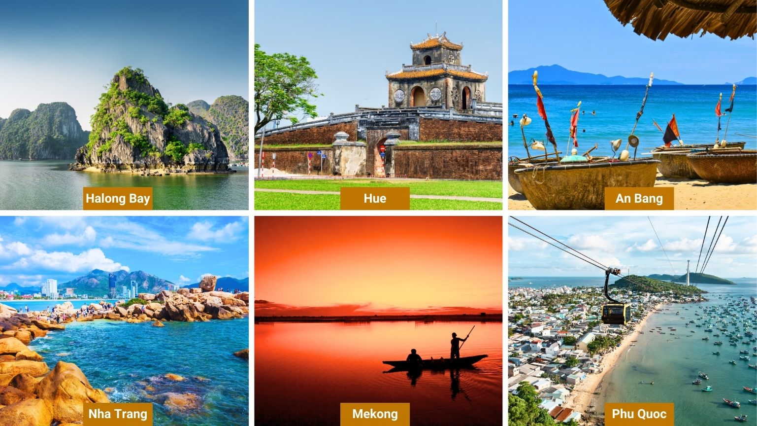 Collage of Vietnam destinations including Ha Long Bay Hue An Bang Beach Nha Trang Mekong Delta and Phu Quoc