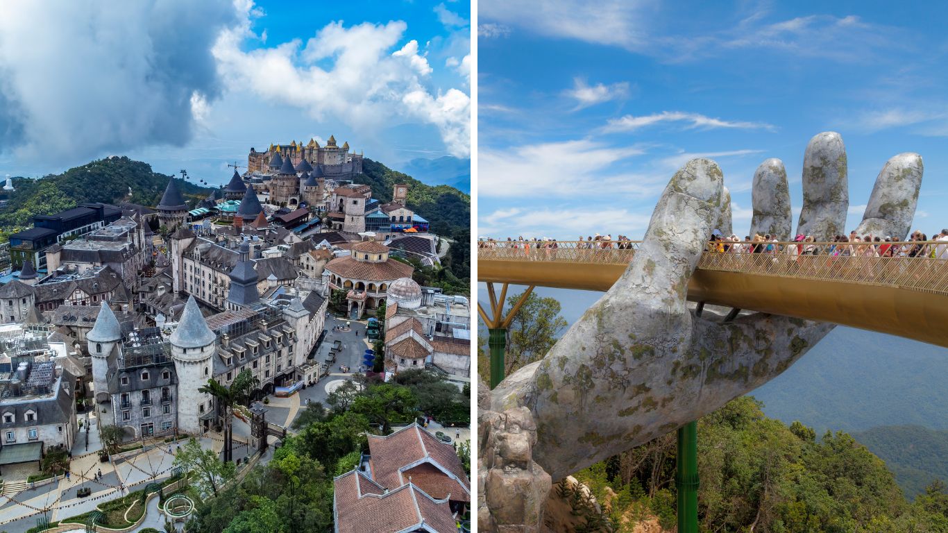 Aerial view of Ba Na Hills French village resort on a mountain top alongside the iconic Golden Bridge held by giant stone hands in Da Nang